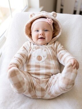 Mick Mack Baby Bear Fleece Footed Pram Suit Hooded Sleeper Gingham Tan 6-9M
